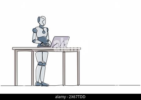 Single continuous line drawing smart robot standing and working behind desk. Modern robotic artificial intelligence. Electronic technology industry. O Stock Vector