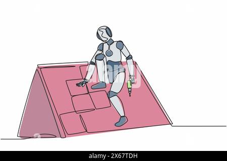 Continuous one line drawing robot roofer installing wooden or bitumen shingle. Humanoid robot cybernetic organism. Future robotics development. Single Stock Vector