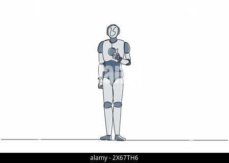 Single one line drawing robot showing thumbs up sign. Deal, like, agree, approve, accept. Future technology development. Artificial intelligence. Cont Stock Vector