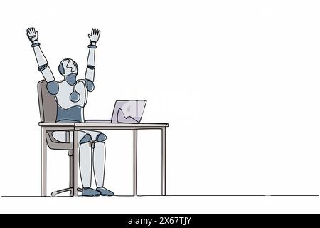 Single one line drawing happy robot at desk celebrating win with hands raised. Future technology development. Artificial intelligence and machine lear Stock Vector