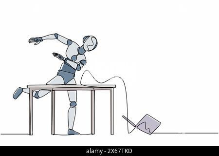 Continuous one line drawing frustrated robot is angry and throwing laptop. Humanoid robot cybernetic organism. Future robotics development concept. Si Stock Vector