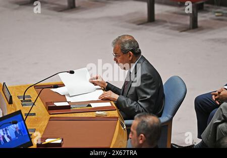 New York, New York, USA. 13th May, 2024. Yemen's PR Abdullah Ali Fadhel Al-Saadi addresses the UN Security Council on the ongoing issues of conflict, humanitarian problems, and shipping lanes in Yemen.(Photo: Andrea RENAULT/ Zuma Press (Credit Image: © Andrea Renault/ZUMA Press Wire) EDITORIAL USAGE ONLY! Not for Commercial USAGE! Stock Photo