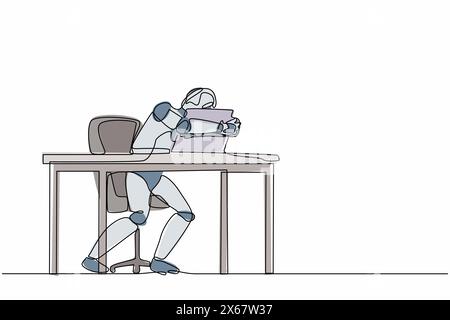 Single continuous line drawing robot sitting and hugging laptop at office. Modern robotic artificial intelligence. Electronic technology industry-. Dy Stock Vector