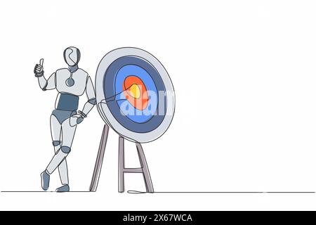 Continuous one line drawing robot standing and leaning at target with thumbs up gesture. Humanoid robot cybernetic organism. Future robotics developme Stock Vector