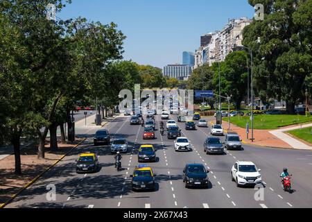 Buenos Aires, Argentina, city traffic on Avenida del Libertador, one-way street with 6 lanes in the city district of Recoleta. Stock Photo