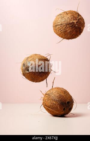 Three whole coconuts falling on a pink background. Stock Photo