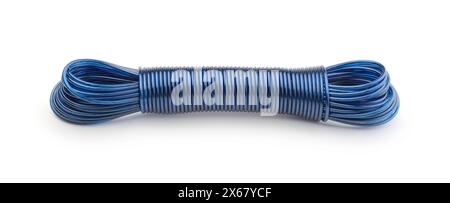 Skein of blue synthetic rope isolated on white. Stock Photo