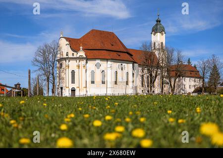 Pilgrimage church to the Scourged Savior on the Wies (Wieskirche) in spring. Steingaden, Bavaria, Germany. Stock Photo