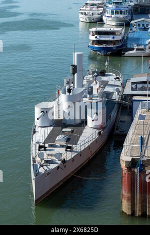 The former Yugoslav monitor Sava restored and docked in Belgrade. April