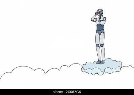 Single one line drawing robot on cloud holding binocular to search for business visionary. Future technology development. Artificial intelligence. Con Stock Vector
