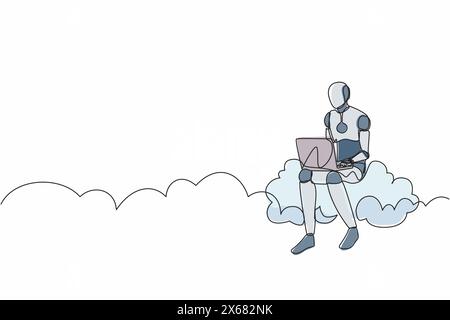 Single one line drawing robot sitting on cloud in sky and working with laptop. Future technology development. Artificial intelligence machine learning Stock Vector