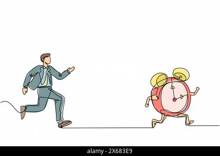 Continuous one line drawing stressed businessman chasing alarm clock. Male manager being chased by work deadlines. Running out of time. Business metap Stock Vector