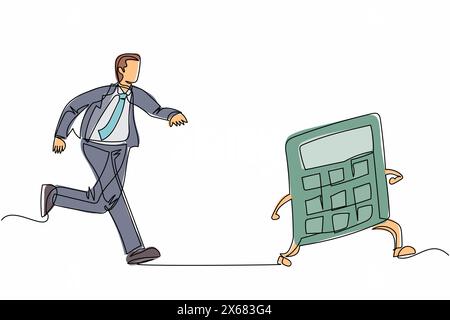 Continuous one line drawing businessman chasing calculator. Math operations, budget, analytics, data, income, finance. Calculations and economy. Singl Stock Vector