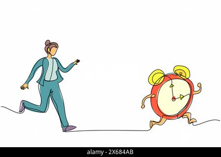 Single continuous line drawing stressed businesswoman chasing alarm clock. Manager being chased by work deadlines. Running out of time. Business metap Stock Vector