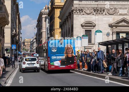 European elections 2024. Italian Prime Minister Giorgia Meloni, leader of Fratelli d'Italia FdI (Brothers of Italy) party. Bus election poster. Rome Stock Photo