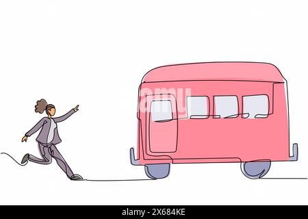 Single one line drawing businesswoman run chasing try to catch train. Hurry running to get transportation, public passenger vehicle. Business metaphor Stock Vector