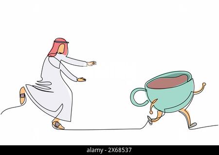 Continuous one line drawing Arab businessman run chasing coffee cup. Drinking and breakfast in the morning. Cappuccino latte for coffee break at offic Stock Vector
