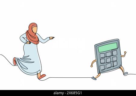 Single one line drawing Arab businesswoman chasing calculator. Equipment for accounting service, calculation of expenses, taxes, financial reporting. Stock Vector