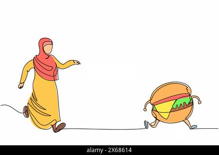Continuous one line drawing Arab businesswoman run chasing hamburger. Unhealthy fast food and obese stomach. Delicious meal and favorite for many peop Stock Vector