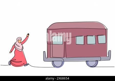 Single continuous line drawing Arab businesswoman run chase train. Manager late from work and deadline. Latecomer worker running along platform to rea Stock Vector