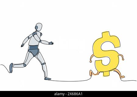 Single continuous line drawing robot chasing dollar symbol. Investment for tech development. Robotic artificial intelligence. Electronic technology in Stock Vector