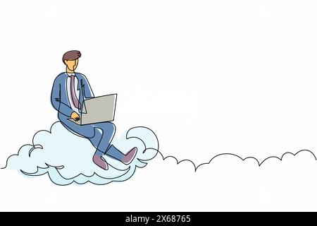 Single continuous line drawing businessman sitting on cloud in sky and working with laptop. Wireless connection. Social networking using cloud storage Stock Vector
