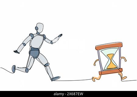 Continuous one line drawing robot chasing hourglass. Time management and schedule of operation factory. Humanoid robot cybernetic organism development Stock Vector