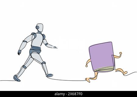 Single one line drawing robot run chasing textbook for learning aspiration. Future technology development. Artificial intelligence machine processes. Stock Vector