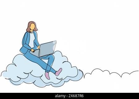 Single continuous line drawing businesswoman sitting on cloud in sky. Working with laptop. Wireless connection. Social networking using cloud storage. Stock Vector