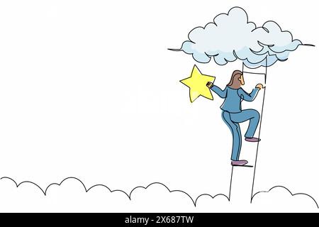 Continuous one line drawing attractive businesswoman standing on stairs and reaching star on sky. Goals and dreams. Business, career, achievement. Sin Stock Vector