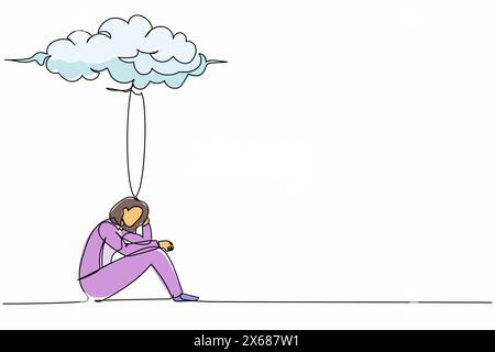 Single one line drawing unhappy depressed businesswoman feeling sad, depression sitting under rain cloud. Sad worker in stress with problem. Continuou Stock Vector