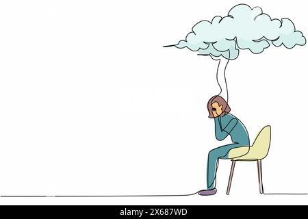 Single continuous line drawing sad businesswoman sitting on chair under rain cloud. Worried woman thinking about business project. Collapse of economy Stock Vector