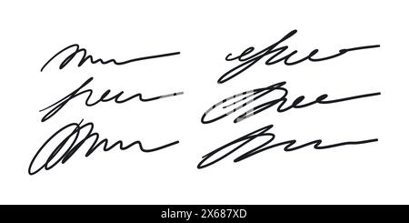 Fake set of autograph samples. Handwritten signatures, certificates and contracts in ink samples of documents and handwritten letters. Vector graphics Stock Vector