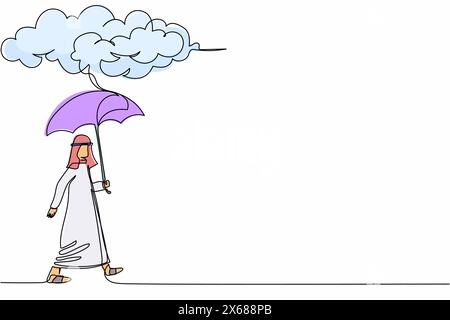 Single continuous line drawing Arabian businessman walking with umbrella under rain cloud. Depression, failed in business, passerby at rainy weather. Stock Vector