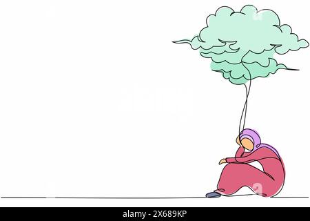 Single one line drawing unhappy Arabian businesswoman feeling sad, depression sitting under rain cloud. Depressed worker in stress with problem. Conti Stock Vector
