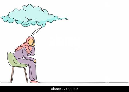 Single one line drawing Arabian businesswoman sitting on chair under rain cloud. Worried woman thinking about economy crisis, failed business. Continu Stock Vector