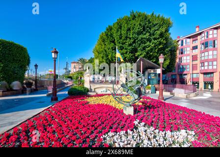 Plaza de la Glorieta, flower decorations, house facades, old town, architecture, city tour, Murcia, autonomous region of Murcia, Spain, Stock Photo