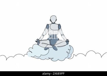 Single continuous line drawing robot meditates and resting in yoga position on clouds. Modern robotic artificial intelligence. Electronic technology i Stock Vector