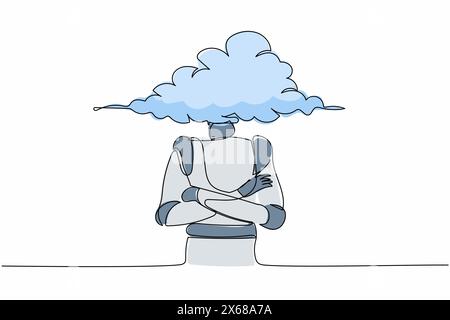 Continuous one line drawing robot with empty head and cloud instead. Thinking about idea. Humanoid robot cybernetic organism. Future robotic developme Stock Vector