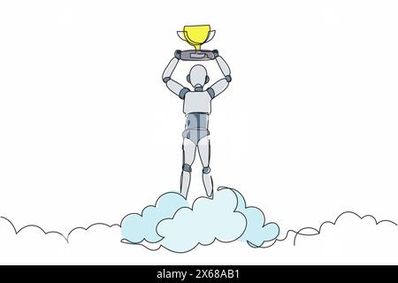 Single one line drawing robot holding trophy in cloud. Celebrates victory in sky. Future technology development. Artificial intelligence machine learn Stock Vector