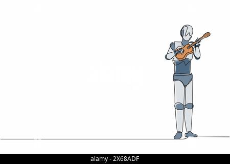 Single continuous line drawing robot playing ukulele or small guitar and singing having fun. Robotic artificial intelligence. Electronic technology in Stock Vector