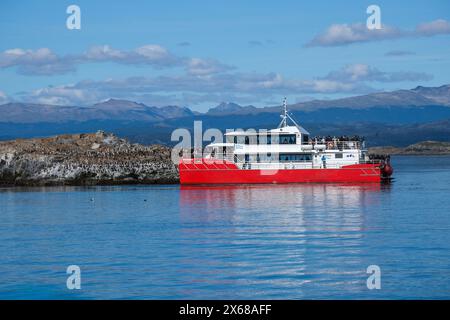 Ushuaia, Tierra del Fuego, Argentina, cormorants sit on a rock in the Beagle Channel, tourists on an excursion boat visit cormorants. Stock Photo