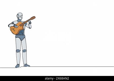 Single continuous line drawing robot playing acoustic guitar at musical performance. Modern robotic artificial intelligence. Electronic technology ind Stock Vector