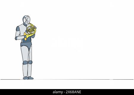 Continuous one line drawing robot musician performing classic melody on horn. Instrumentalist on brass instrument. Humanoid robot cybernetic organism. Stock Vector