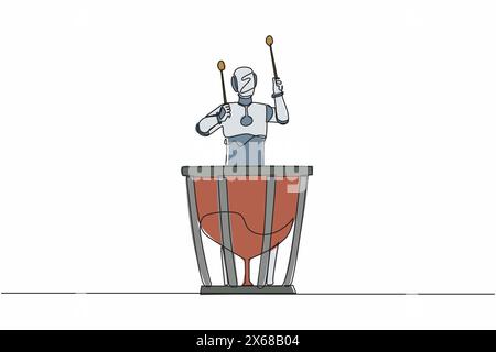 Single continuous line drawing robot percussion player holding stick and play timpani. Robotic artificial intelligence. Electronic technology industry Stock Vector