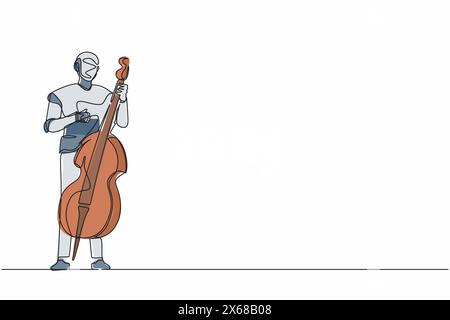 Continuous one line drawing robot musician playing double bass or contrabassist with finger. Humanoid robot cybernetic organism. Future robotic develo Stock Vector