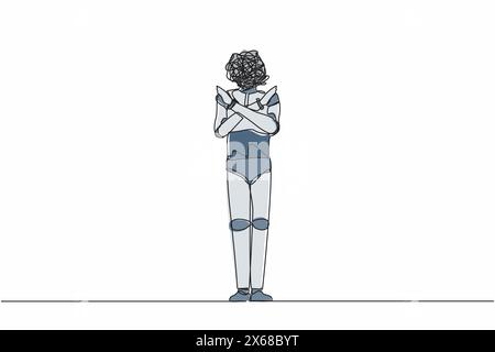 Single one line drawing robot with round scribbles instead of head, standing with crossed arms. Rejection sign. Saying no. Humanoid cybernetic organis Stock Vector