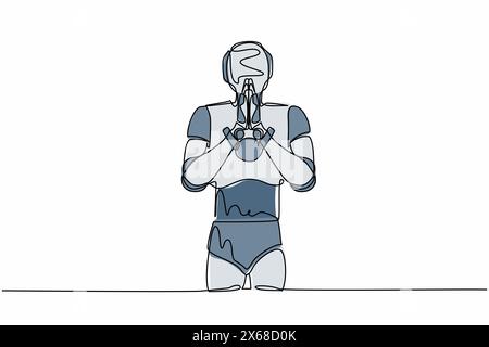 Single continuous line drawing robot standing with holding palms in prayer. Robot emotion, body language gesture. Modern robotic artificial intelligen Stock Vector