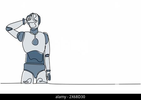 Continuous one line drawing robot standing with making 'L' symbol, showing loser sign on forehead with fingers. Future humanoid robotic development. S Stock Vector