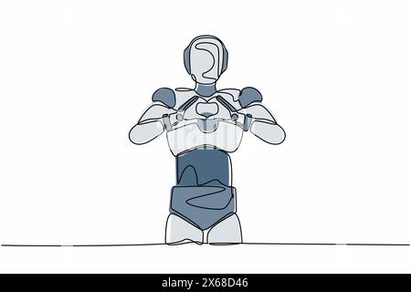 Continuous one line drawing robot standing with making love sign, heart symbol in front of chest. Humanoid cybernetic organism. Future robotic develop Stock Vector
